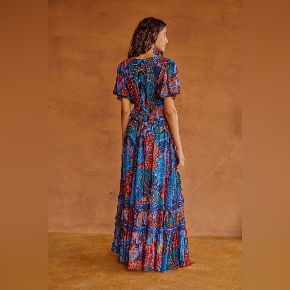 FARM Rio Blue Cool Leopard Ruffle Maxi Dress Size Small - Picture 3 of 10